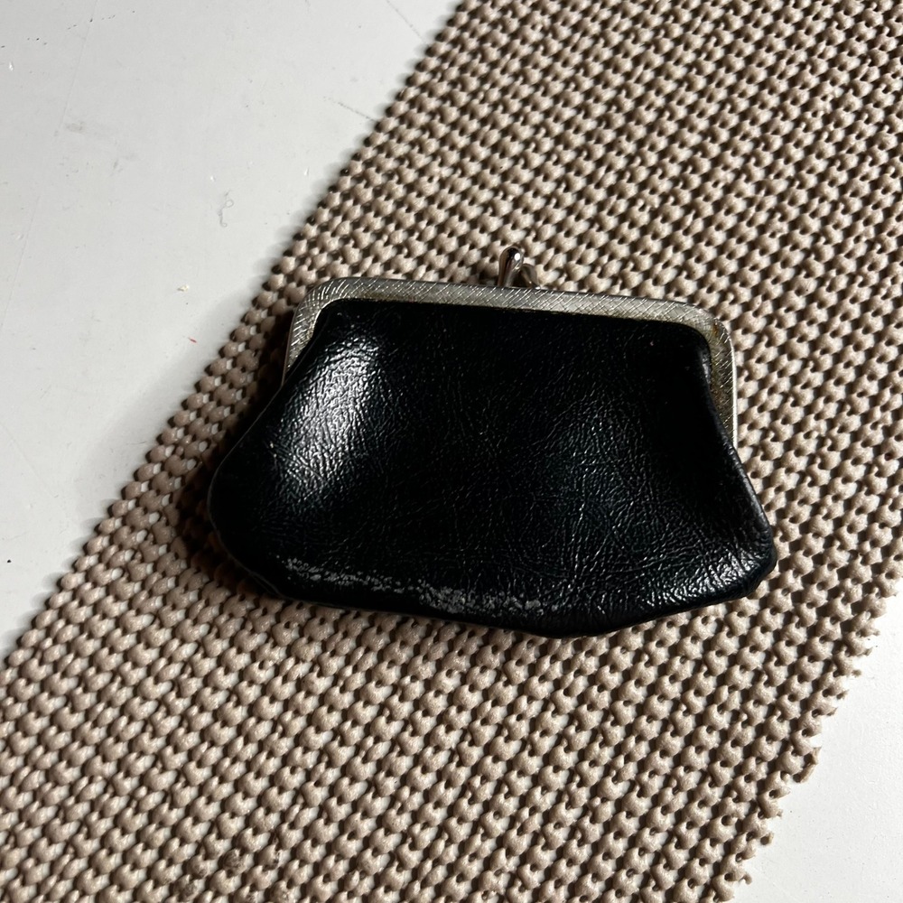 Vintage Black Faux Leather Kiss Lock Coin Purse Silver Tone Frame Mini Wallet